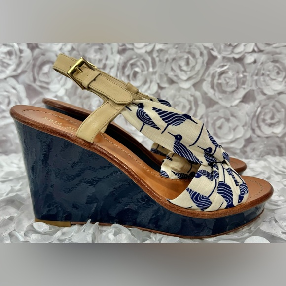Kate Spade Sandpiper Wedge Platform Sandal Blue Birds Summer Tropical Size 8.5 - Picture 8 of 12